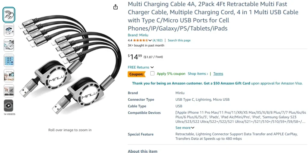 Multi Charging Cable 4A, 2-Pack Retractable (Minlu)