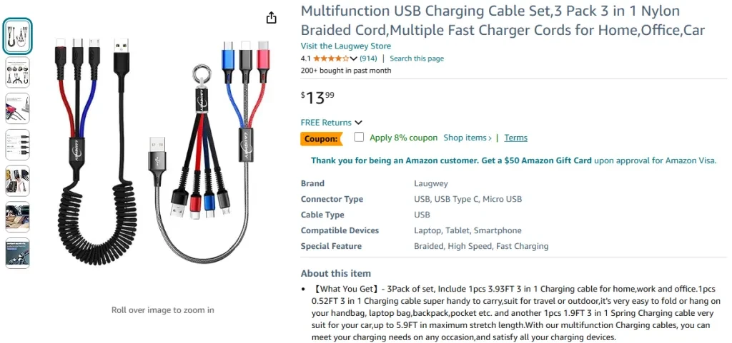 Multifunction USB Charging Cable Set (3-Pack, 3-in-1)