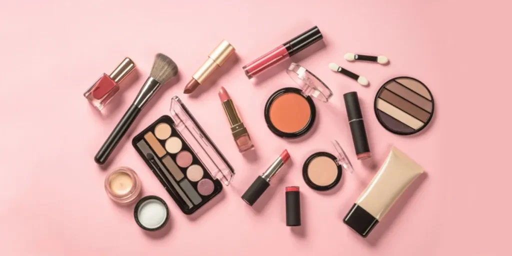 Multiple makeup tools and products on a pink background