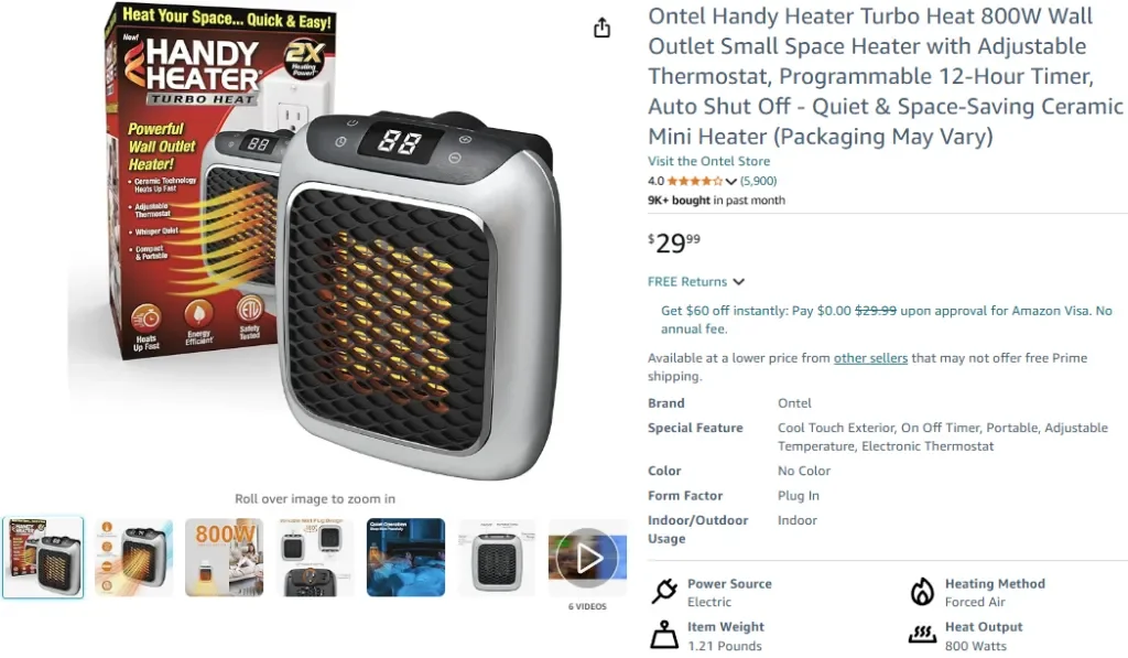 Ontel Handy Heater Turbo Heat 800W Wandsteckdose