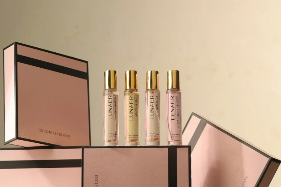 Oud scents arranged on a beautiful perfume gift boxes