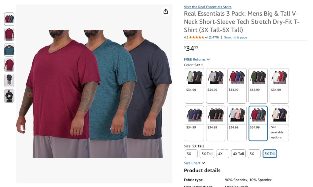 Real Essentials 3 Pack Men's Big & Tall V-Neck Dry-Fit T-Shirts