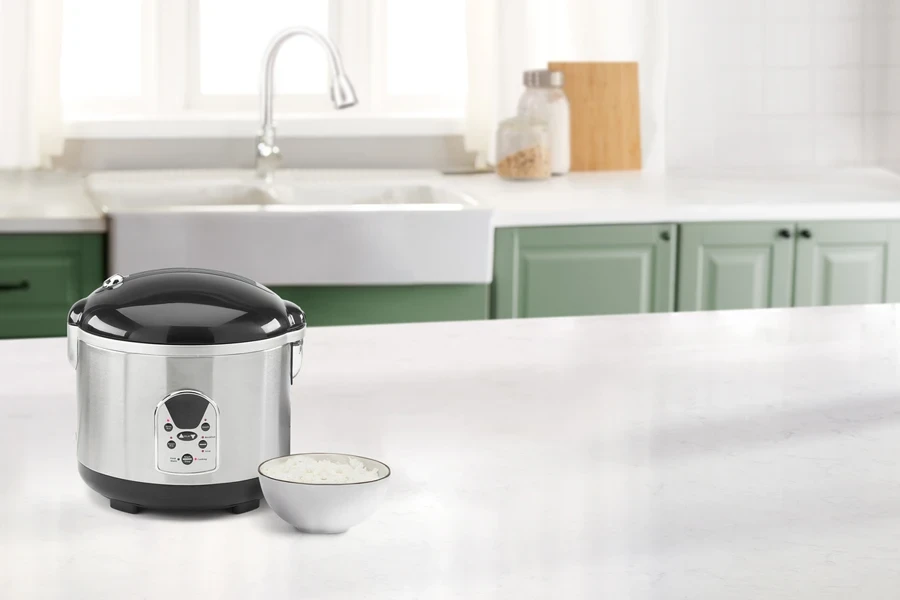Rice cooker with bowl of rice on kitchen counter
