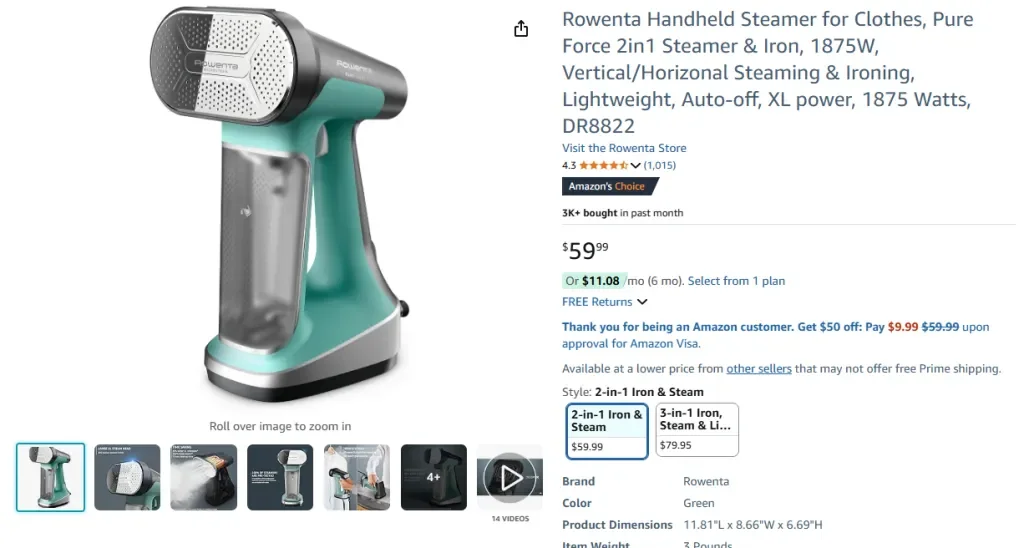 Vaporizador de mano Rowenta para ropa, Pure Force 2 en 1