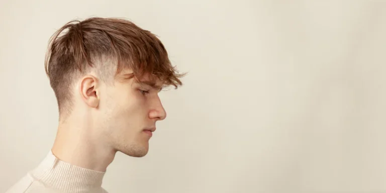 Side profile of young man with textured fringe haircut