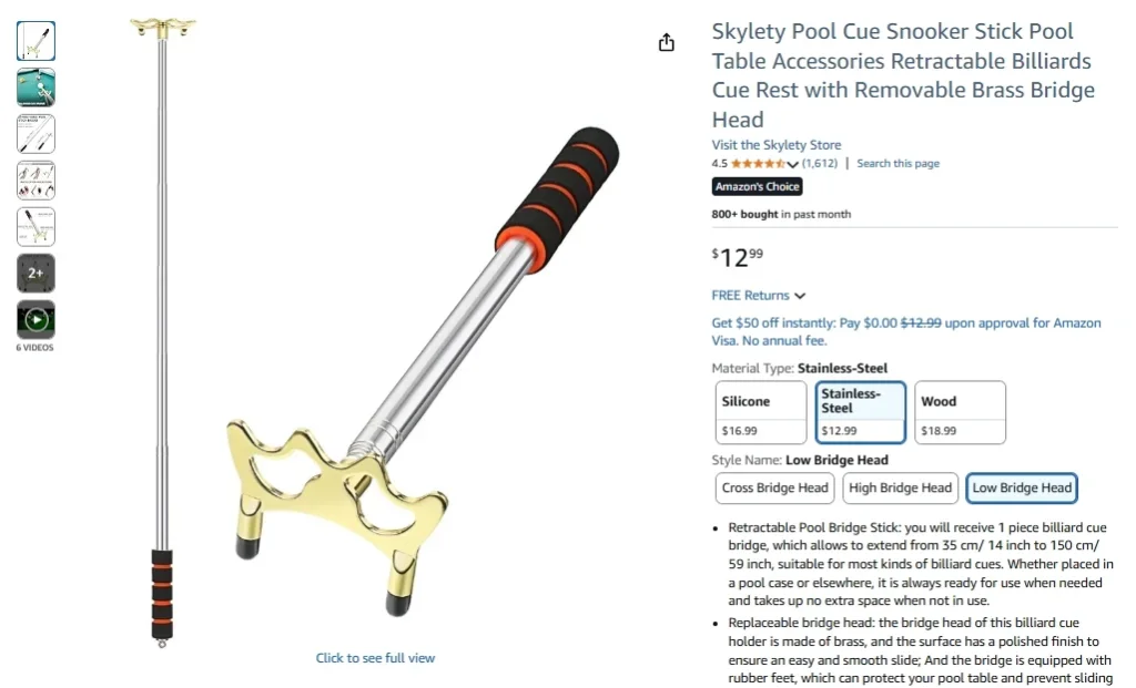 Reposa tacos de billar retráctil Skylety con puente de latón extraíble