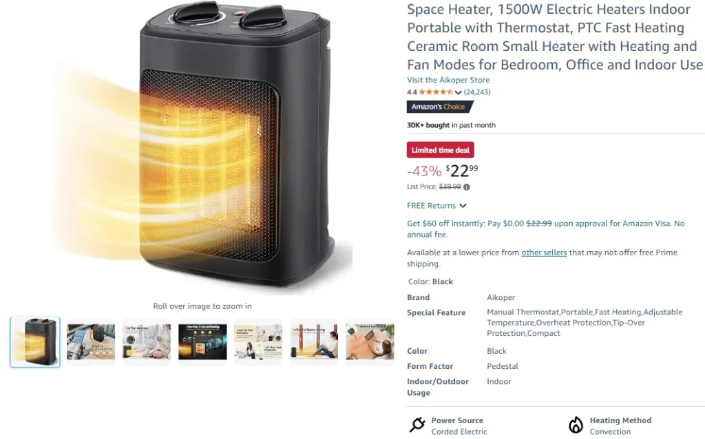 Raumheizung, 1500 W elektrische Heizgeräte für den Innenbereich, tragbar