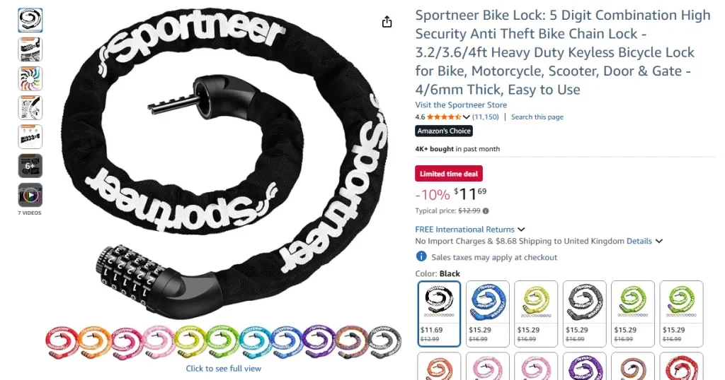 Sportneer Bike Lock – 5 Digit Combination High Security Chain Lock
