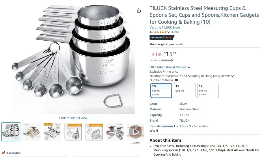 Ensemble de tasses et cuillères à mesurer en acier inoxydable TILUCK (10 pièces)