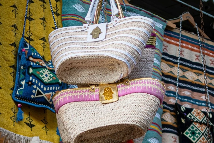Traditional tote basket bags on display