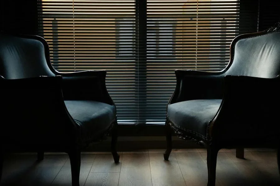 Two armchairs by a window with blinds