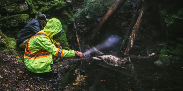 Two people in rain gear explore a mossy, wet forest stream, surrounded by trees and rocks
