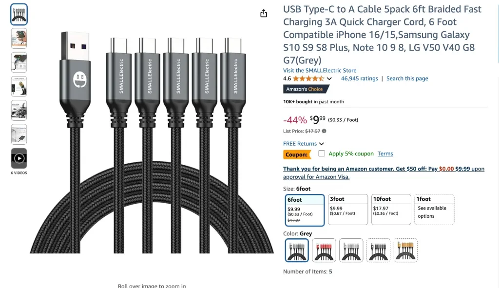 Cable USB tipo C a A, paquete de 5, cable trenzado de carga rápida de 6 A y 3 m