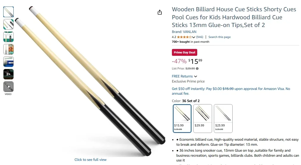 Tacos de billar VANLAN para casa, 2 piezas, 36 pulgadas (juego de 2)