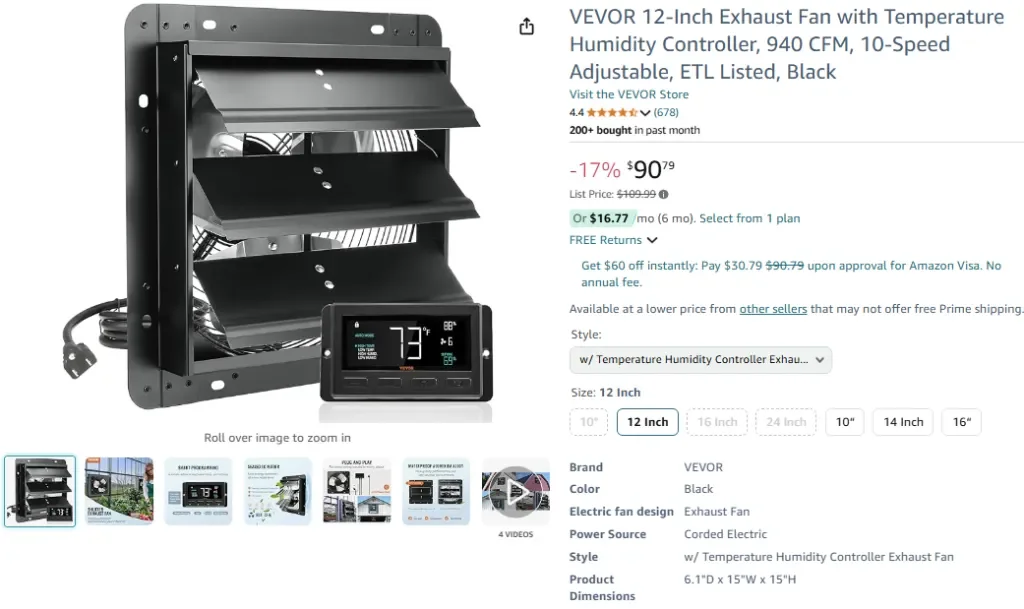 Вытяжной вентилятор VEVOR 12 дюймов с регулятором температуры и влажности, 940 куб. футов в минуту
