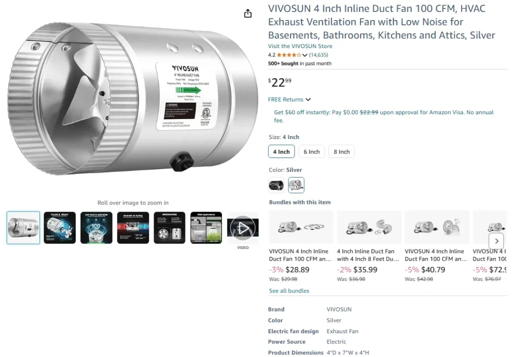 Канальный вентилятор VIVOSUN 4 дюйма, вытяжной вентилятор для систем отопления, вентиляции и кондиционирования воздуха производительностью 100 куб. футов в минуту