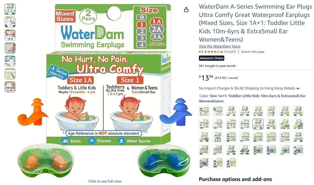 WaterDam A-Series Swimming Ear Plugs Ultra Comfy Great Waterproof Earplugs