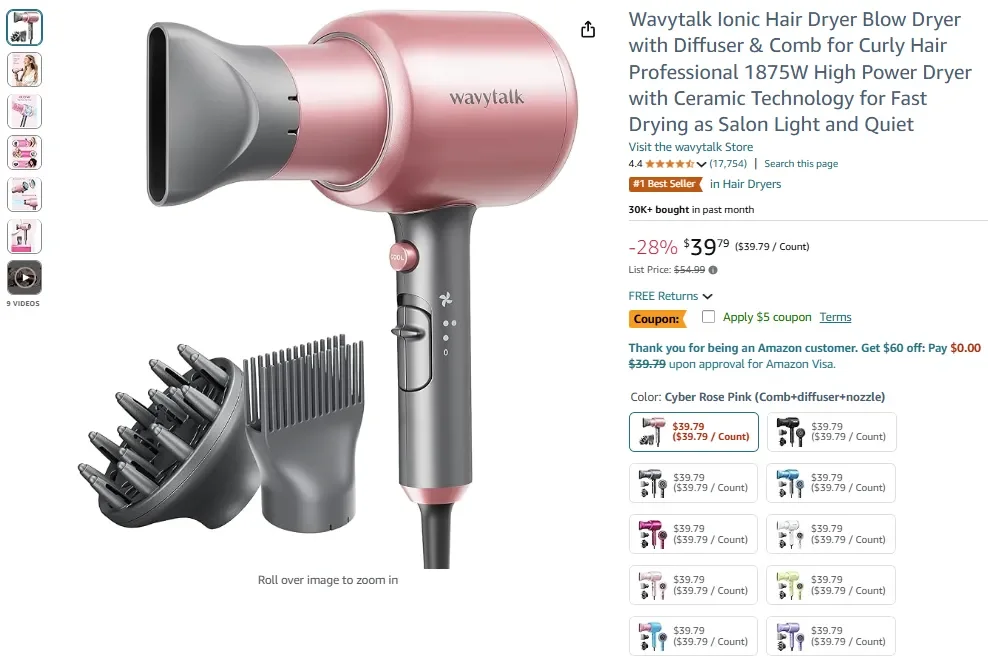 Wavytalk Ionic Hair Dryer Blow Dryer with Diffuser