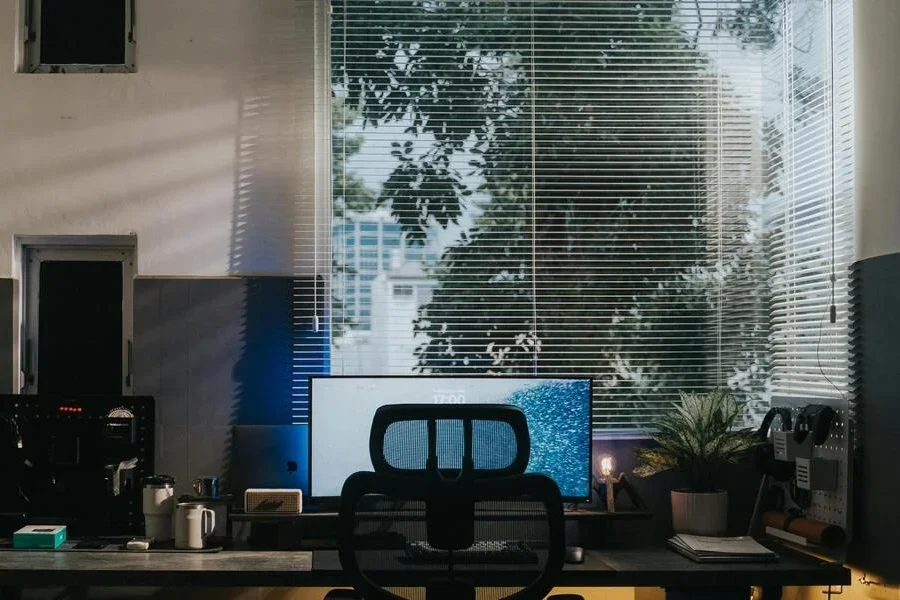 Work space with open blinds