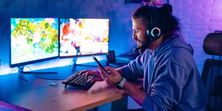 Young man looking at his phone while gaming