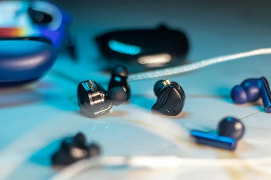 a group of ear buds laying on top of a table