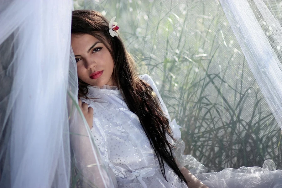 face, veil, white, beauty, long hair, veil