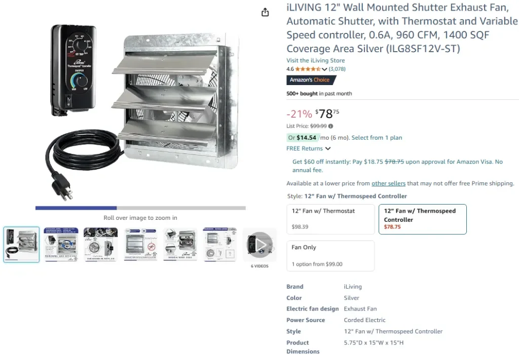 Настенный вытяжной вентилятор iLIVING 12 дюймов с жалюзи, 960 куб. футов в минуту, с термостатом