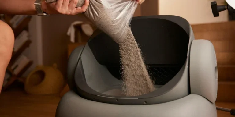 высыпание наполнителя для кошачьего туалета из мешка в автоматический лоток.