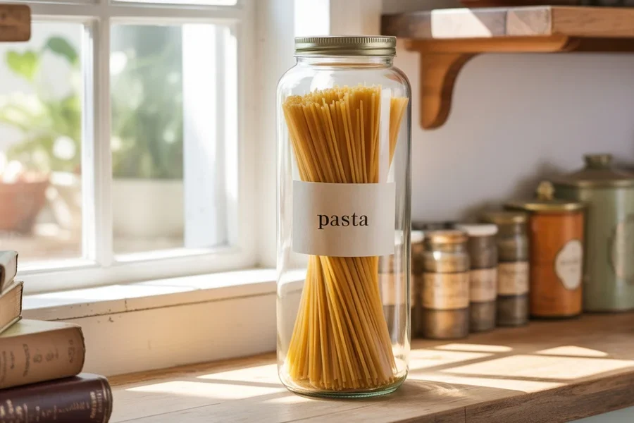 Un frasco de vidrio transparente con pasta.