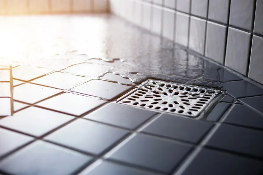 A close view of a shower drain