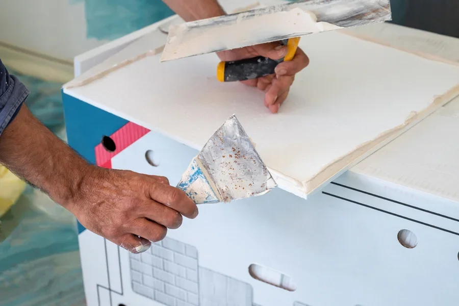 A man putting adhesive on styrofoam tiles