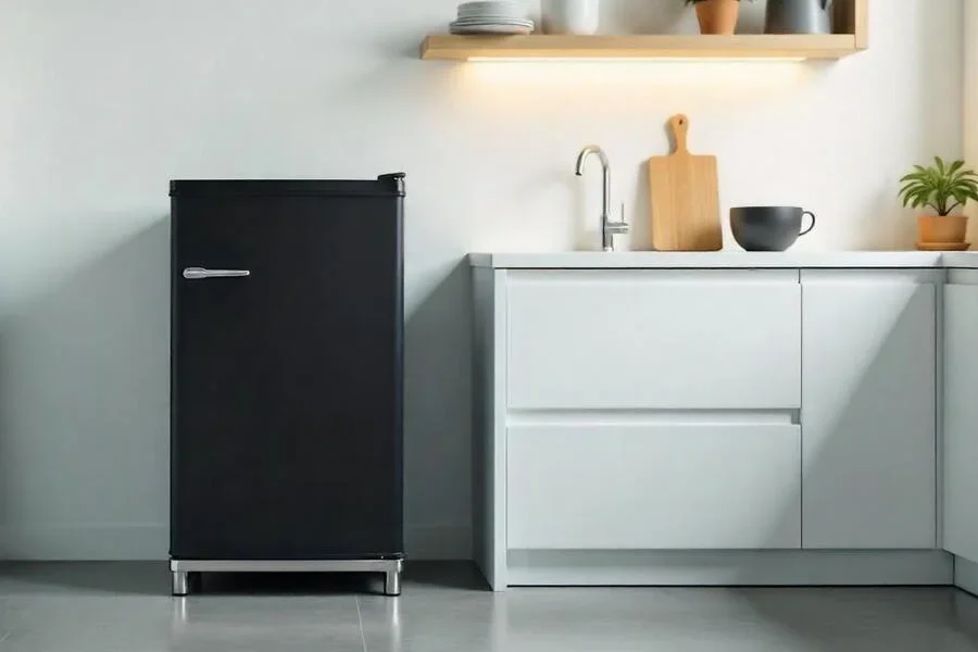 A mini fridge on a compact fridge stand