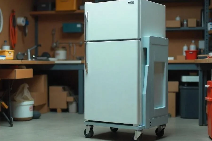 A mini fridge on a stand with wheels