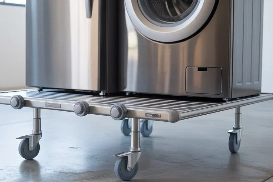 A mini-fridge on a stand with wheels
