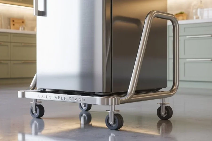 A mini-fridge on an adjustable stand