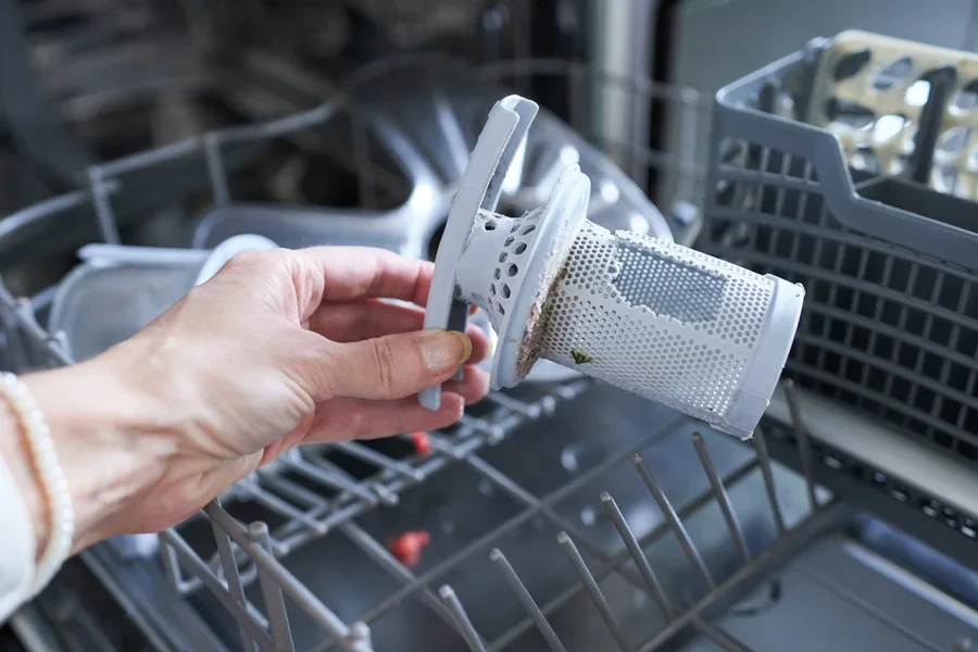 Eine Person hält einen kaputten Geschirrspülerfilter