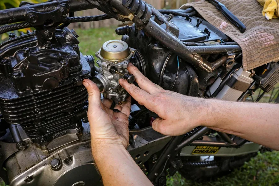 A person working on a motorcycle