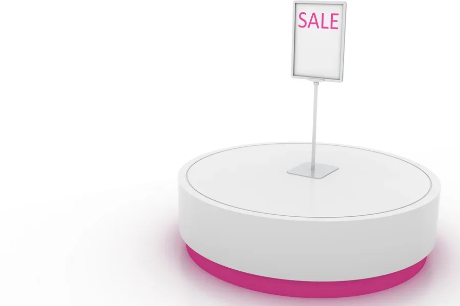A rotating display stand with a sale banner on it