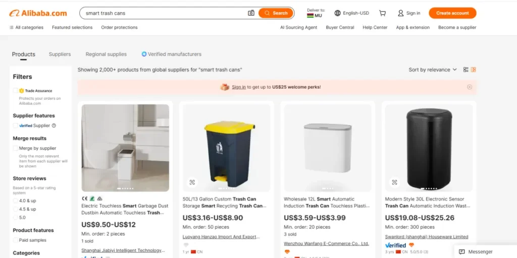 A screenshot of the search results for smart trash cans on Alibaba.com