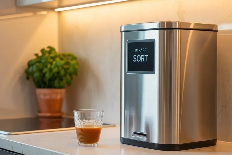 A smart garbage bin on a kitchen top