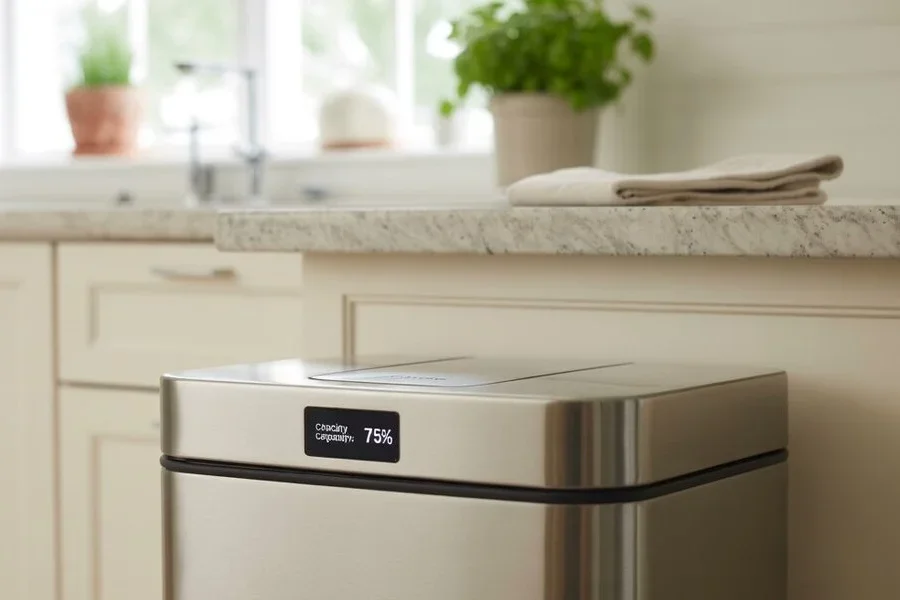 A smart trash can in a kitchen showing 75% capacity