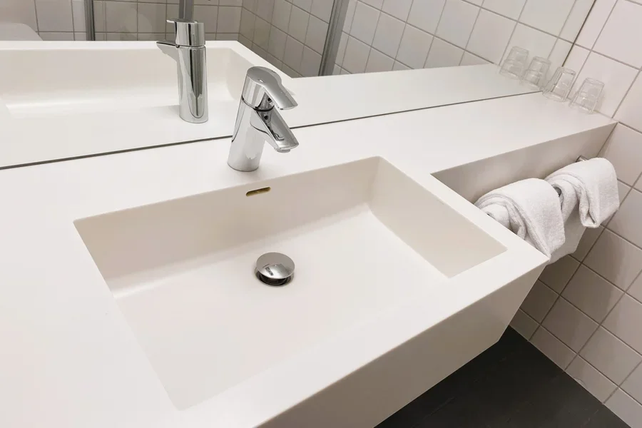 A white bathroom sink drain
