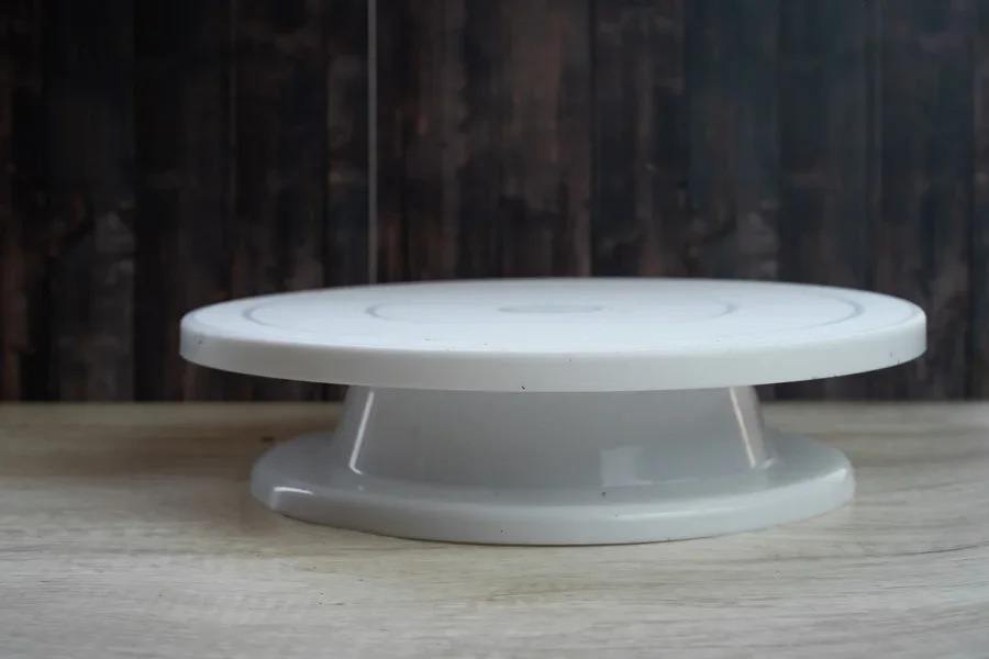 A white rotating display stand