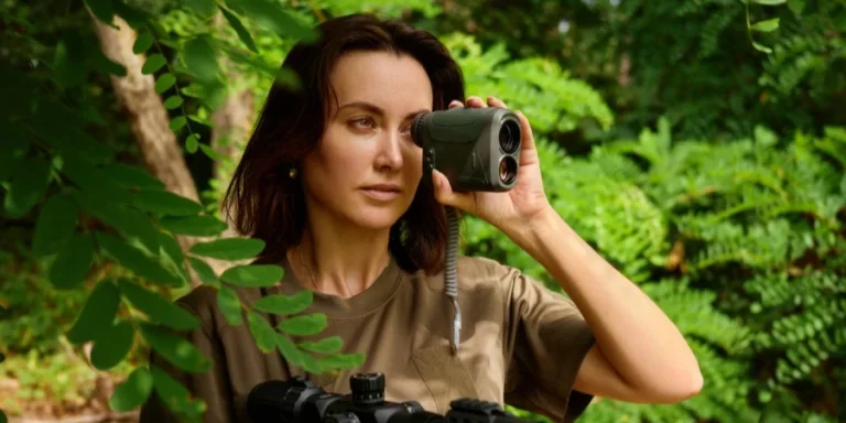 Eine Frau, die an einem sonnigen Nachmittag in einem üppigen grünen Wald einen Entfernungsmesser verwendet und dabei Wildtiere beobachtet