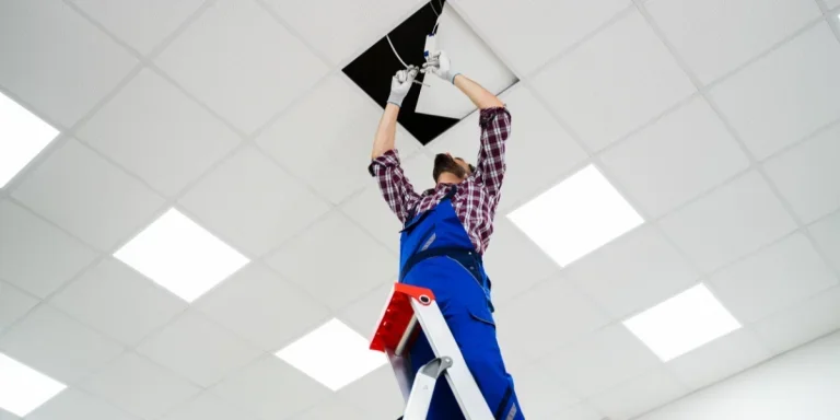 كهربائي يقوم بتركيب لوحة سقف