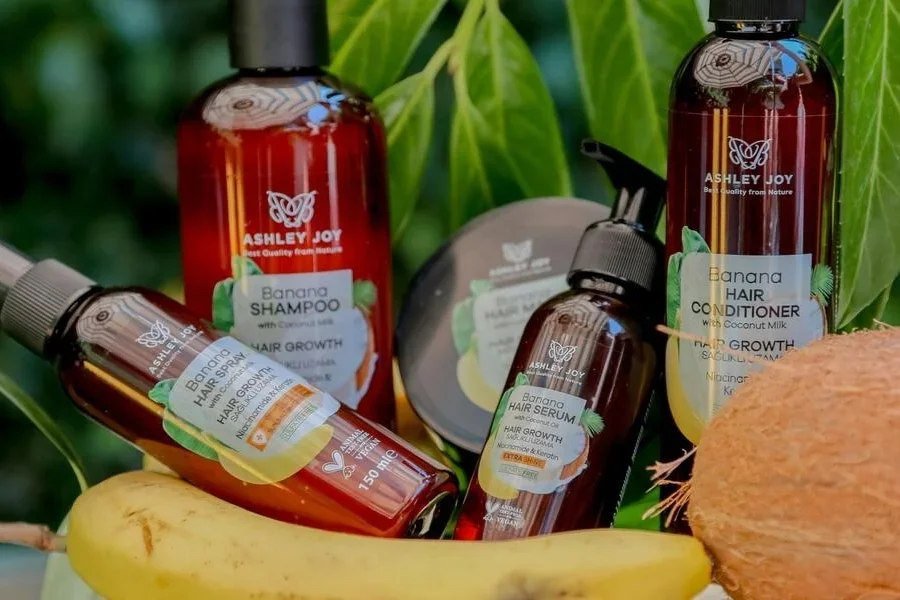 Assorted hair products in bottles