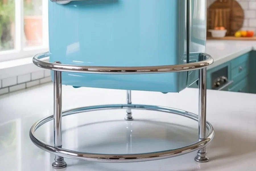Blue mini fridge on a stainless steel stand