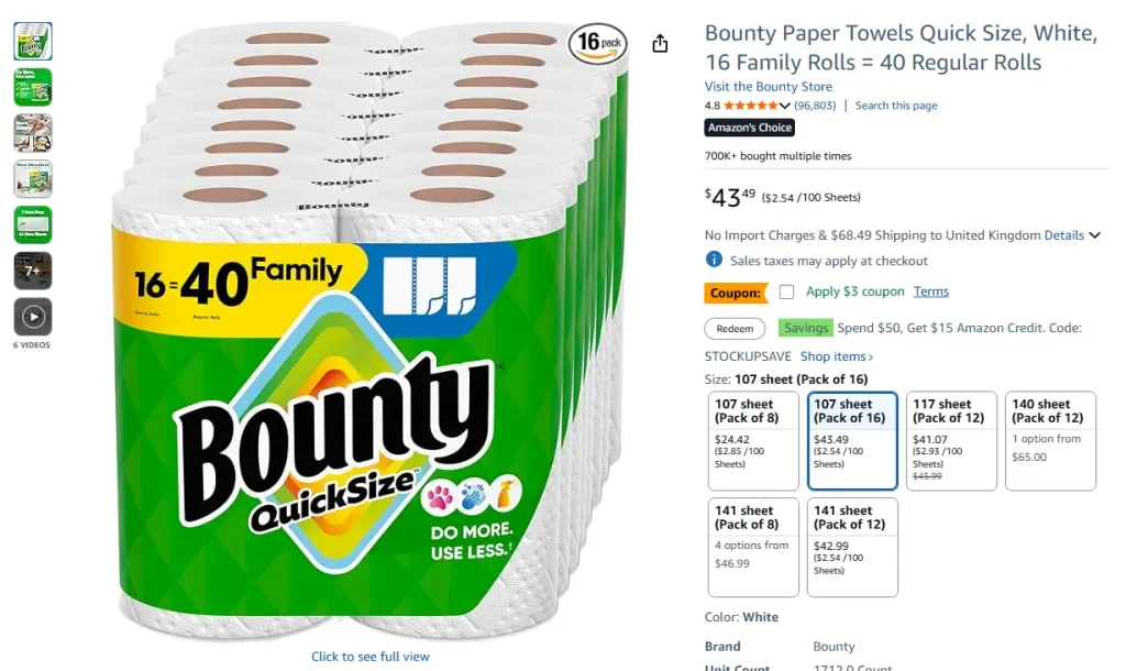 Bounty Paper Towels Quick Size, White, 16 Family Rolls