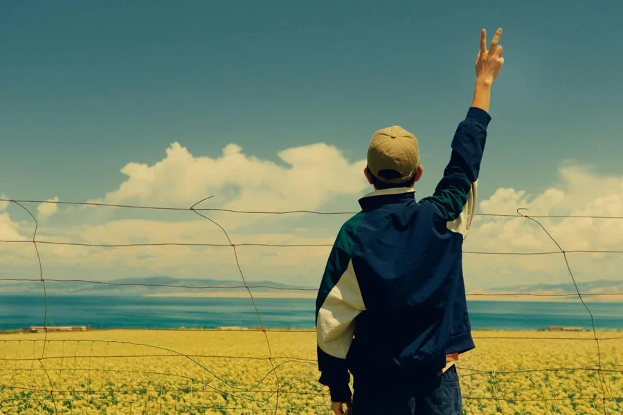 Junge zeigt V-Zeichen von Rapsfeld