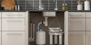 Brand new sink filtration system installed in modern kitchen